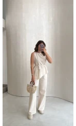 Adel Bağcıklı Asimetrik Bluz Pantolon Takım - Naturel - Kod: 8784