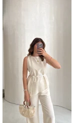 Adel Bağcıklı Asimetrik Bluz Pantolon Takım - Naturel - Kod: 8784