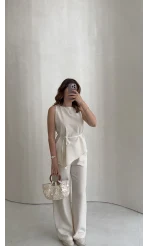 Adel Bağcıklı Asimetrik Bluz Pantolon Takım - Naturel - Kod: 8784