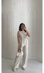 Adel Bağcıklı Asimetrik Bluz Pantolon Takım - Naturel - Kod: 8784