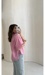Oversize Yarım Kol Gömlek - Pembe - Kod: 2093