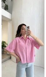 Oversize Yarım Kol Gömlek - Pembe - Kod: 2093