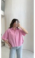 Oversize Yarım Kol Gömlek - Pembe - Kod: 2093