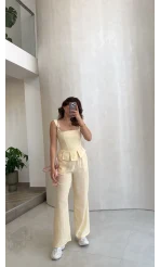 Askılı Korse Bluz Pantolon Takım - Sarı - Kod: 58525