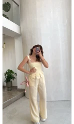 Askılı Korse Bluz Pantolon Takım - Sarı - Kod: 58525