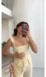 Askılı Korse Bluz Pantolon Takım - Sarı - Kod: 58525