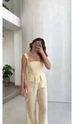 Askılı Korse Bluz Pantolon Takım - Sarı - Kod: 58525