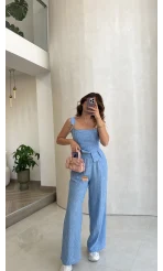 Askılı Korse Bluz Pantolon Takım - Mavi - Kod: 58525