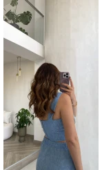 Askılı Korse Bluz Pantolon Takım - Mavi - Kod: 58525