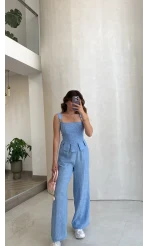Askılı Korse Bluz Pantolon Takım - Mavi - Kod: 58525