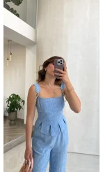 Askılı Korse Bluz Pantolon Takım - Mavi - Kod: 58525
