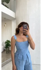 Askılı Korse Bluz Pantolon Takım - Mavi - Kod: 58525