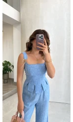 Askılı Korse Bluz Pantolon Takım - Mavi - Kod: 58525