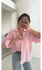 Millie Çizgili Püskül Detay Gömlek - Pembe - Kod: 2296