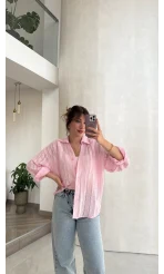 Millie Çizgili Püskül Detay Gömlek - Pembe - Kod: 2296