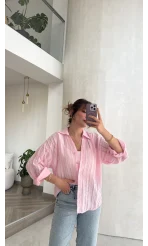 Millie Çizgili Püskül Detay Gömlek - Pembe - Kod: 2296