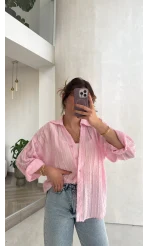 Millie Çizgili Püskül Detay Gömlek - Pembe - Kod: 2296