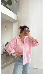 Millie Çizgili Püskül Detay Gömlek - Pembe - Kod: 2296