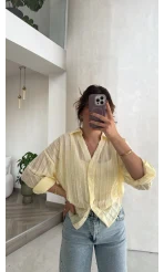Millie Çizgili Püskül Detay Gömlek - Sarı - Kod: 2296