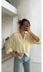 Millie Çizgili Püskül Detay Gömlek - Sarı - Kod: 2296