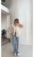 Millie Çizgili Püskül Detay Gömlek - Ekru - Kod: 2296