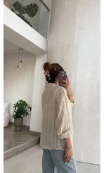 Millie Çizgili Püskül Detay Gömlek - Ekru - Kod: 2296