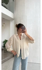 Millie Çizgili Püskül Detay Gömlek - Ekru - Kod: 2296