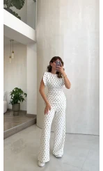 Andora Puantiye Desen Bluz Pantolon Takım - Ekru - Kod: 4133