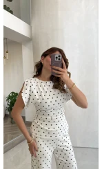 Andora Puantiye Desen Bluz Pantolon Takım - Ekru - Kod: 4133