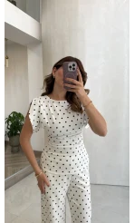 Andora Puantiye Desen Bluz Pantolon Takım - Ekru - Kod: 4133