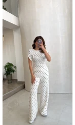 Andora Puantiye Desen Bluz Pantolon Takım - Ekru - Kod: 4133