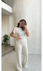 Andora Puantiye Desen Bluz Pantolon Takım - Ekru - Kod: 4133
