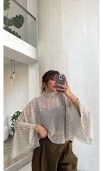 Puantiye Desenli Transparan Panço Bluz - Beyaz - Kod: 5074