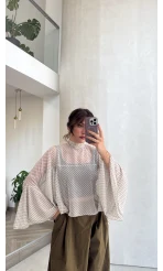 Puantiye Desenli Transparan Panço Bluz - Beyaz - Kod: 5074