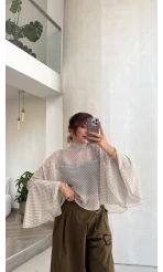 Puantiye Desenli Transparan Panço Bluz - Beyaz - Kod: 5074