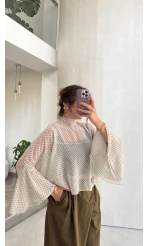Puantiye Desenli Transparan Panço Bluz - Beyaz - Kod: 5074