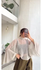 Puantiye Desenli Transparan Panço Bluz - Beyaz - Kod: 5074