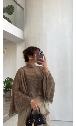 Puantiye Desenli Transparan Panço Bluz - Olive - Kod: 5074
