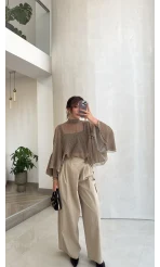 Puantiye Desenli Transparan Panço Bluz - Olive - Kod: 5074