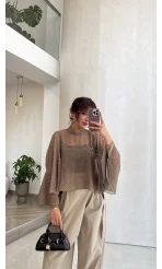 Puantiye Desenli Transparan Panço Bluz - Olive - Kod: 5074