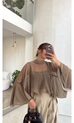 Puantiye Desenli Transparan Panço Bluz - Olive - Kod: 5074