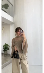 Puantiye Desenli Transparan Panço Bluz - Olive - Kod: 5074