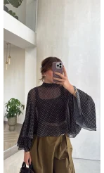 Puantiye Desenli Transparan Panço Bluz - Siyah - Kod: 5074
