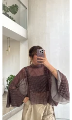 Puantiye Desenli Transparan Panço Bluz - Kahve - Kod: 5074