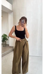 Kuşaklı Bol Paça Pantolon - Haki - Kod: 51300