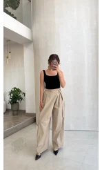 Kuşaklı Bol Paça Pantolon - Taş - Kod: 51300