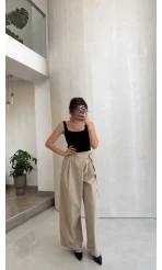 Kuşaklı Bol Paça Pantolon - Taş - Kod: 51300