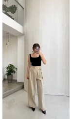 Kuşaklı Bol Paça Pantolon - Taş - Kod: 51300