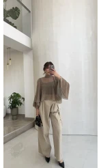 Kuşaklı Bol Paça Pantolon - Taş - Kod: 51300