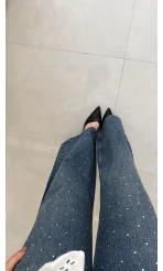 Kemerli Yüksek Bel Taşlı Jean Pantolon - Mavi
